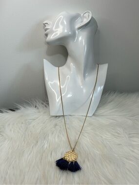 Banana Republic Extra Long Gold Tone Disc Necklace with Navy Tassels